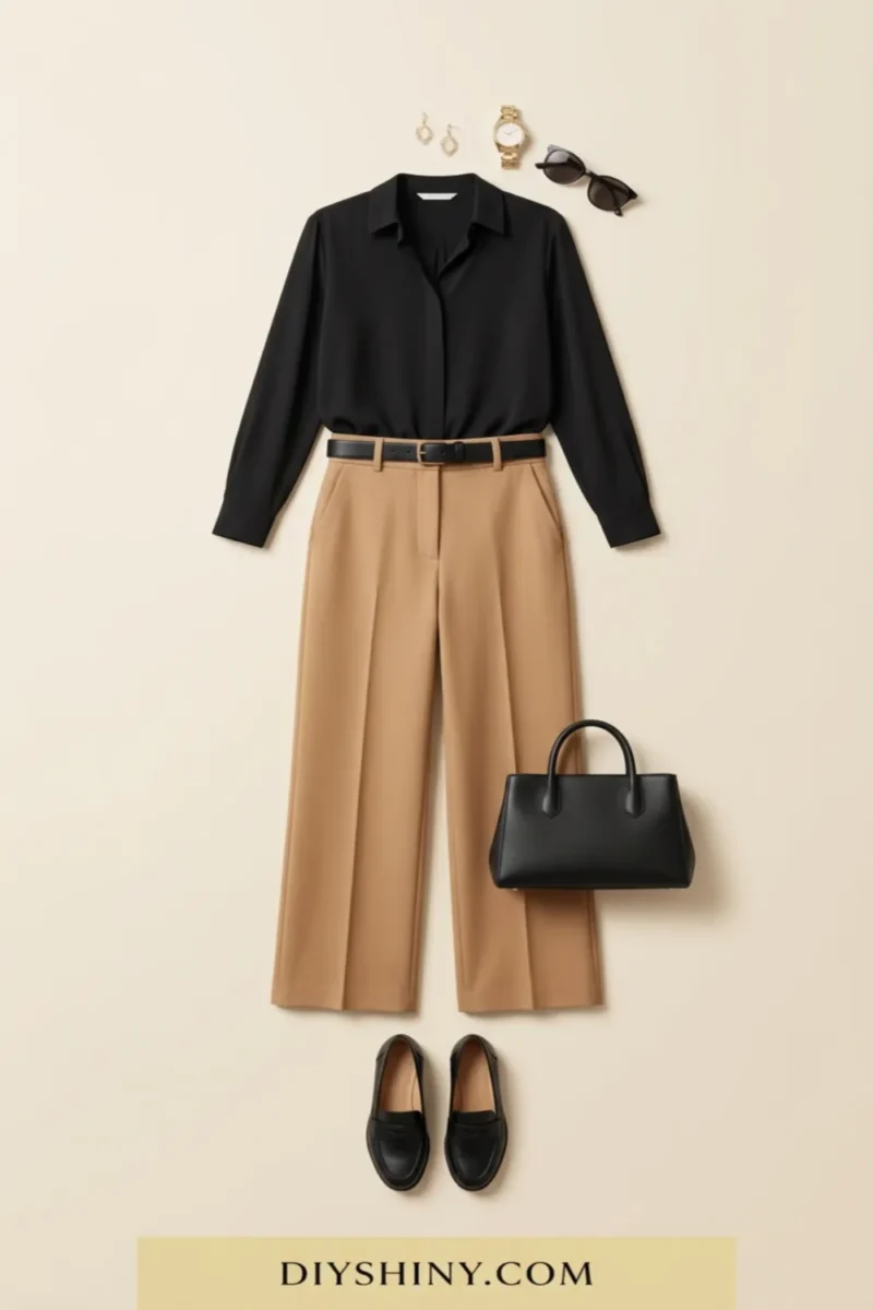 Black button-down shirt with camel trousers black belt black handbag and black loafers