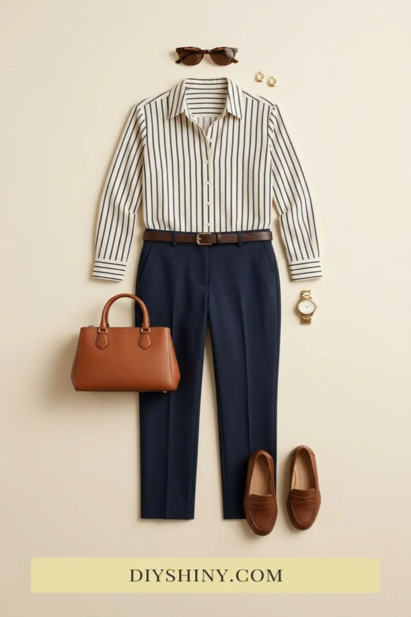 White striped button-down shirt with navy trousers brown belt cognac handbag and brown loafers