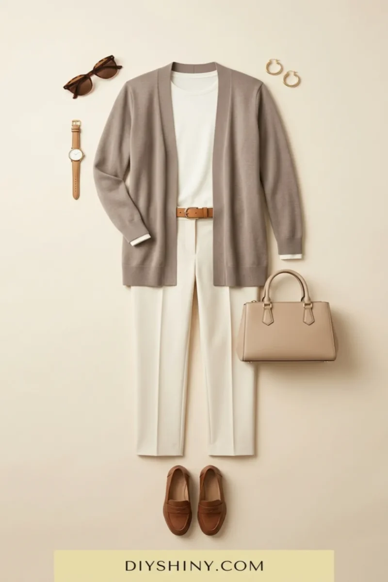Taupe cardigan with white top cream trousers tan belt beige handbag and brown loafers