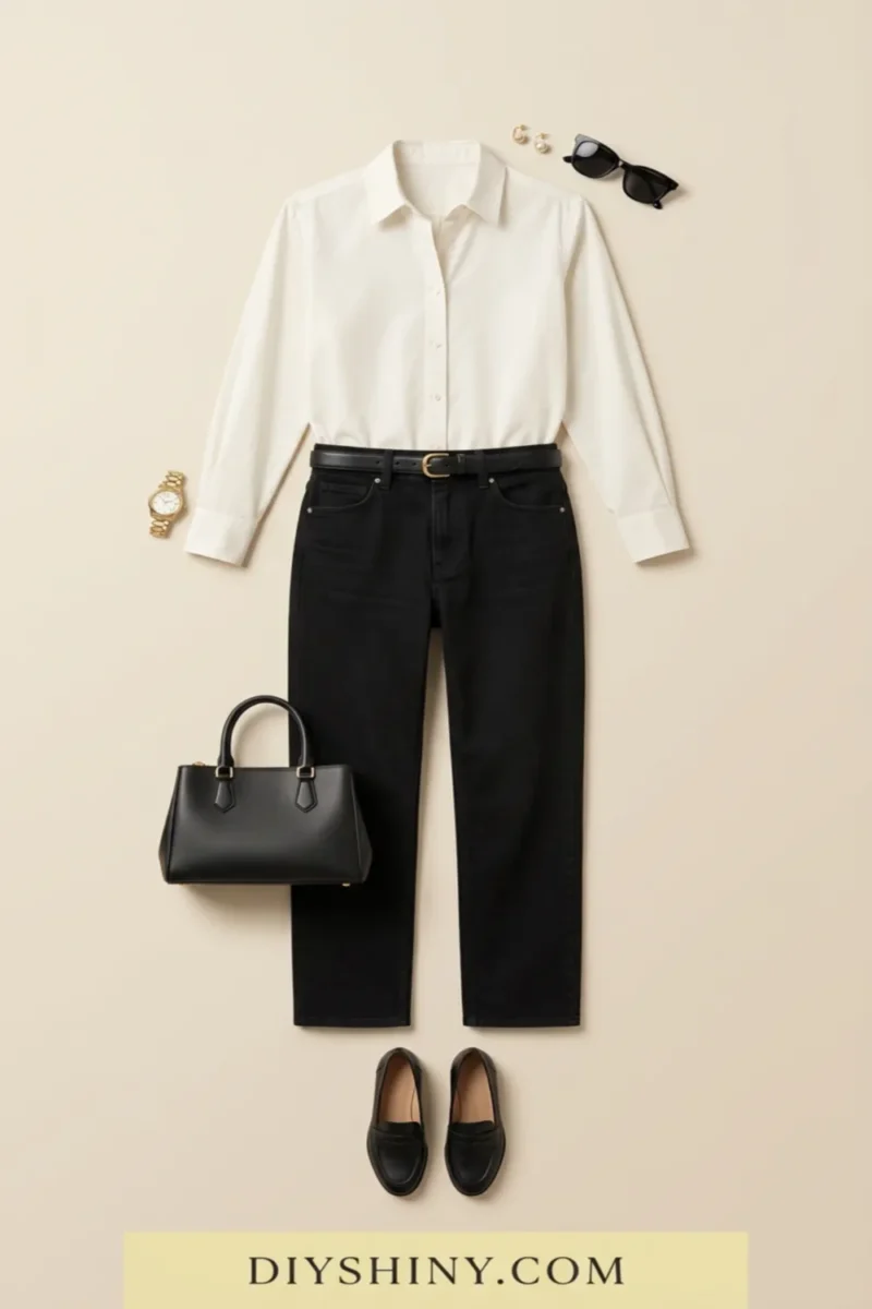 White button-down shirt with black jeans black belt black handbag and black loafers