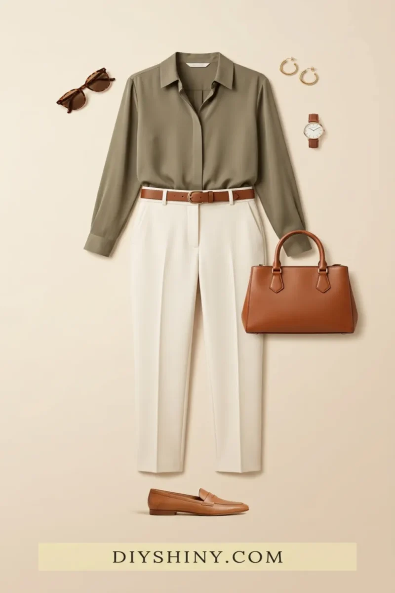 Olive button-down shirt with white trousers brown belt cognac handbag and tan loafers