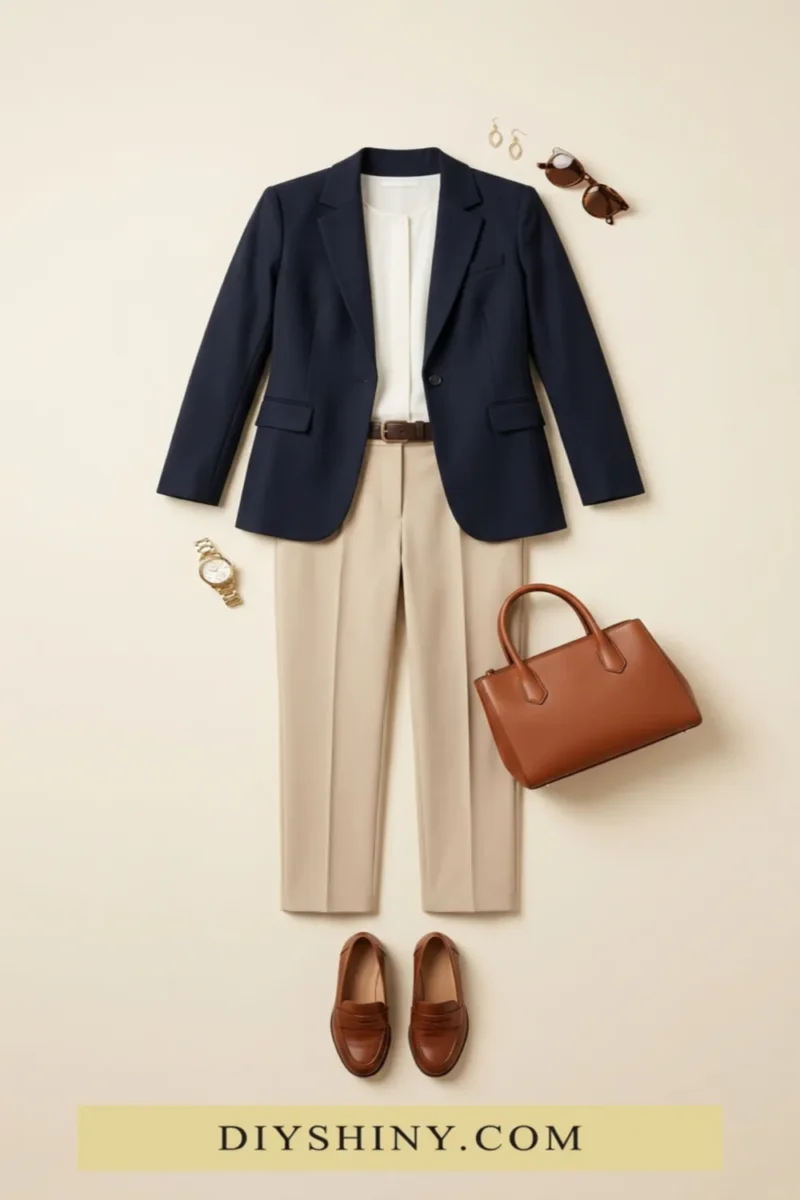 Navy blazer with white blouse cream trousers brown belt cognac handbag and brown loafers