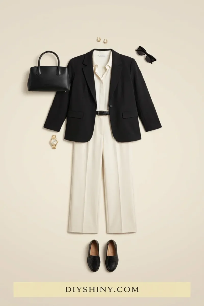 Black blazer with white blouse ivory trousers black belt black handbag and black loafers
