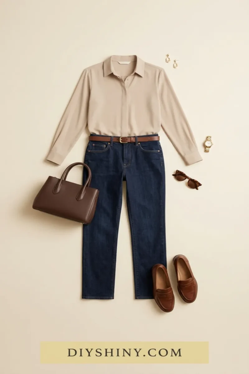 Beige button-down shirt with dark blue jeans brown belt brown handbag and brown loafers