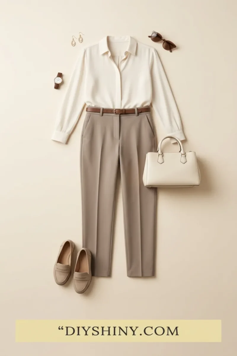 Ivory button-down shirt with taupe trousers brown belt ivory handbag and beige loafers