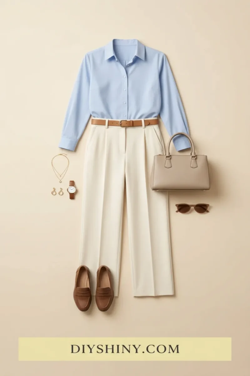 Powder blue button-down shirt with cream trousers tan belt beige handbag and brown loafers