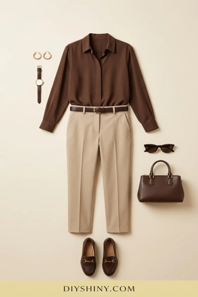 Chocolate brown shirt with cream trousers dark brown belt handbag and horsebit loafers