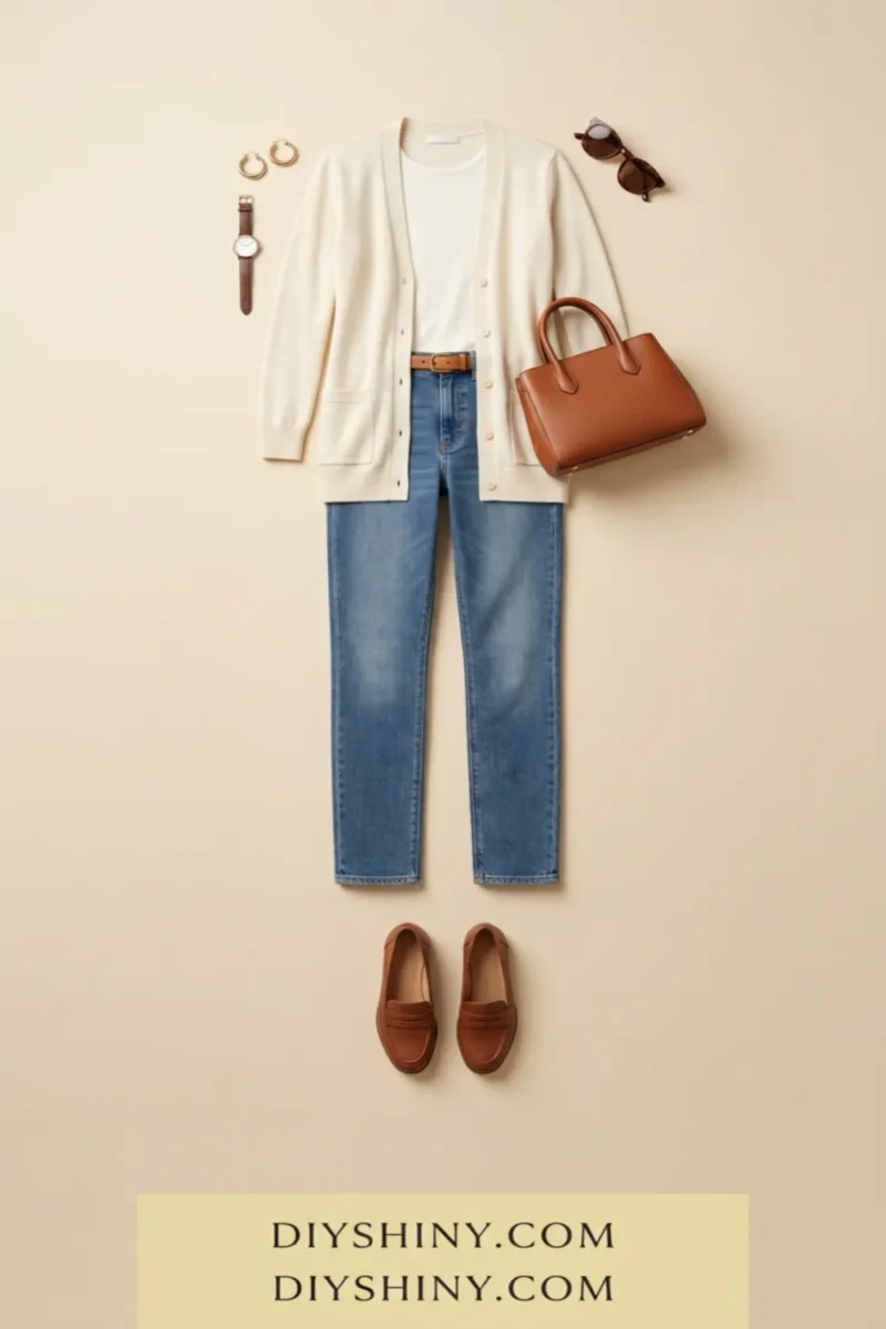 Cream cardigan with blue jeans brown belt cognac handbag and brown loafers