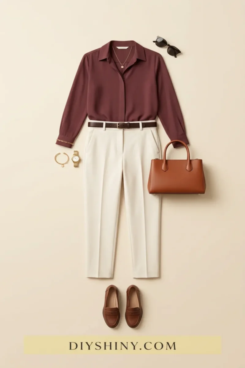 Burgundy button-down shirt with ivory trousers brown belt cognac handbag and loafers