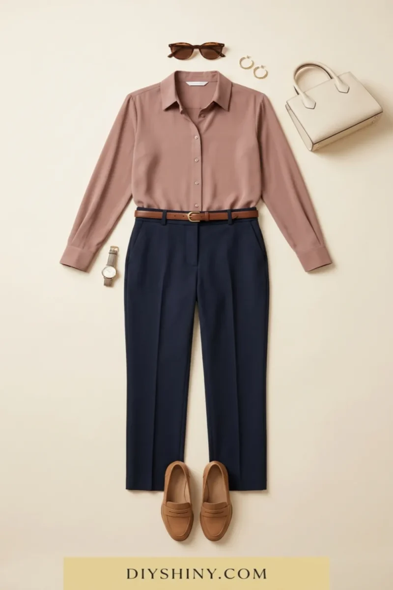 Dusty rose button-down shirt with navy trousers brown belt cream handbag and tan loafers
