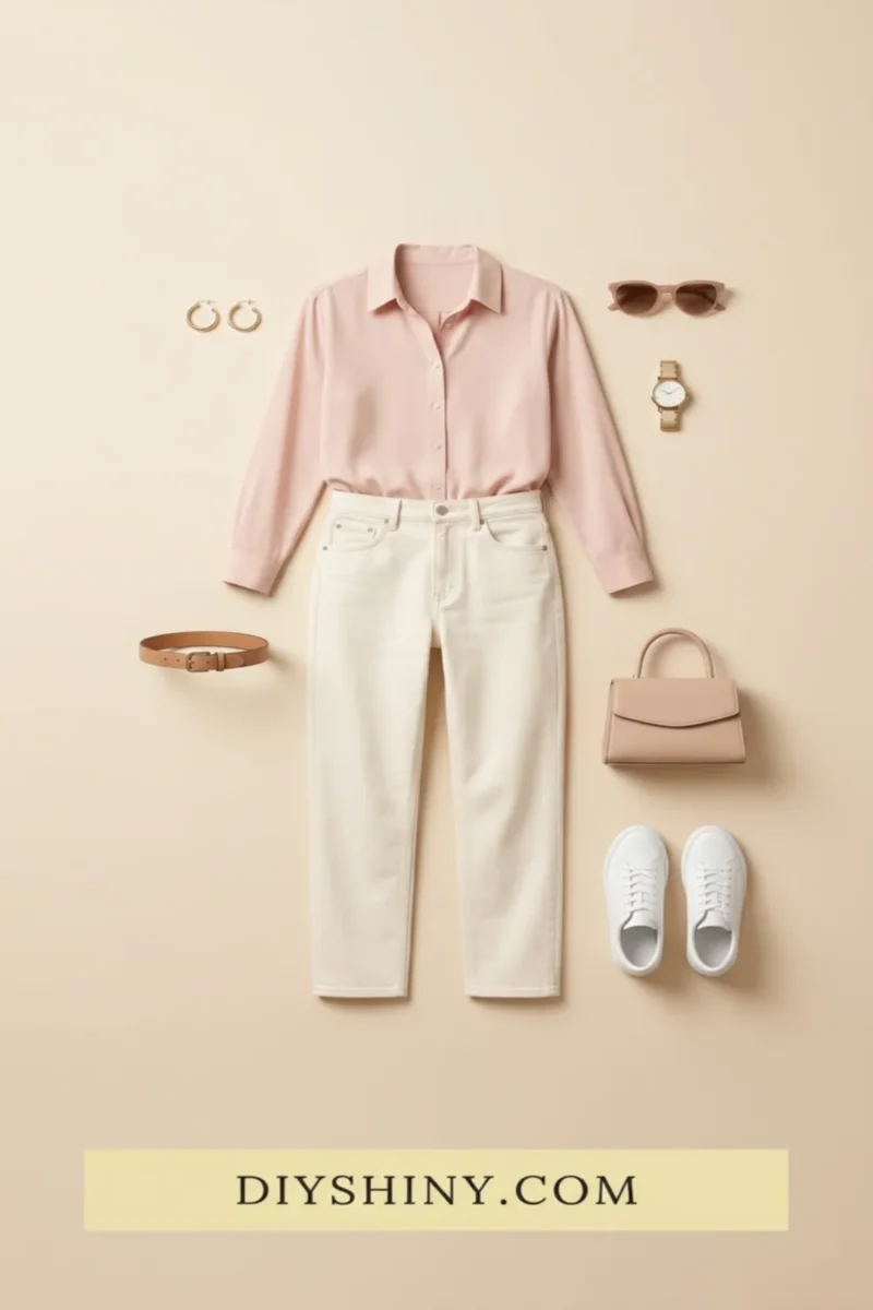 Blush pink button-down shirt with white jeans tan belt blush handbag and white sneakers