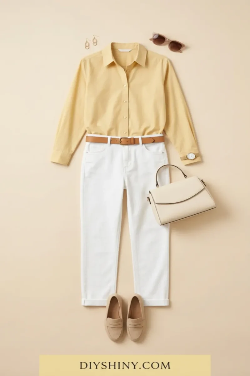 Soft yellow button-down shirt with white jeans tan belt cream handbag and beige loafers
