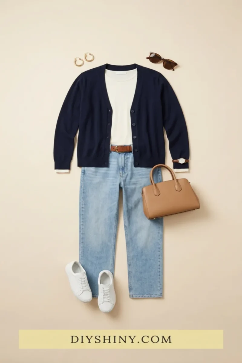 Navy cardigan with white top light blue jeans brown belt tan handbag and white sneakers