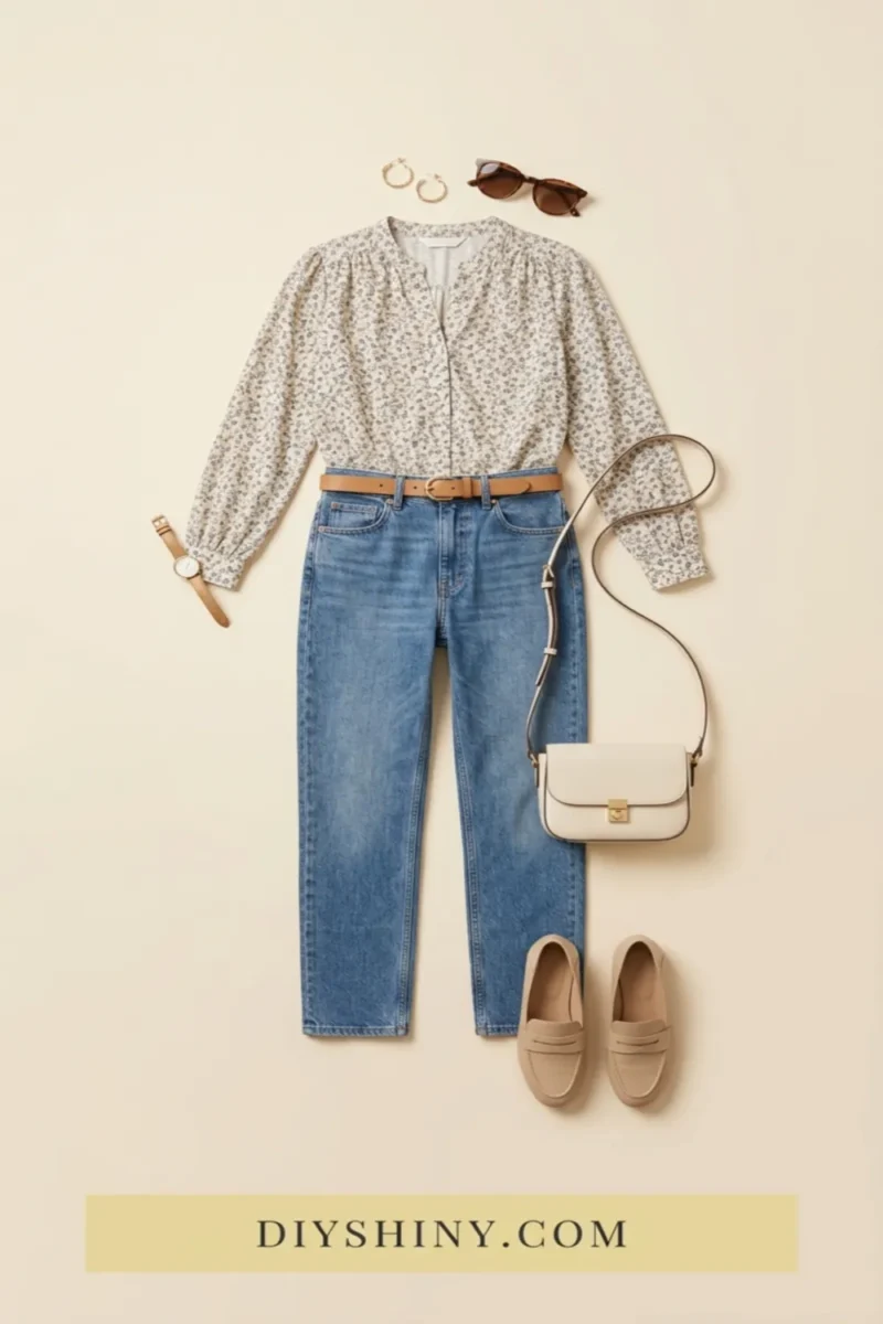 Delicate floral blouse with blue jeans tan belt cream crossbody bag and beige loafers