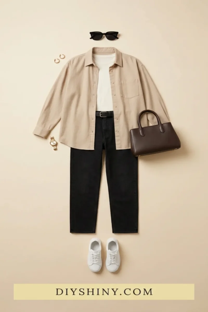 Beige overshirt with white top black jeans dark brown handbag and white sneakers
