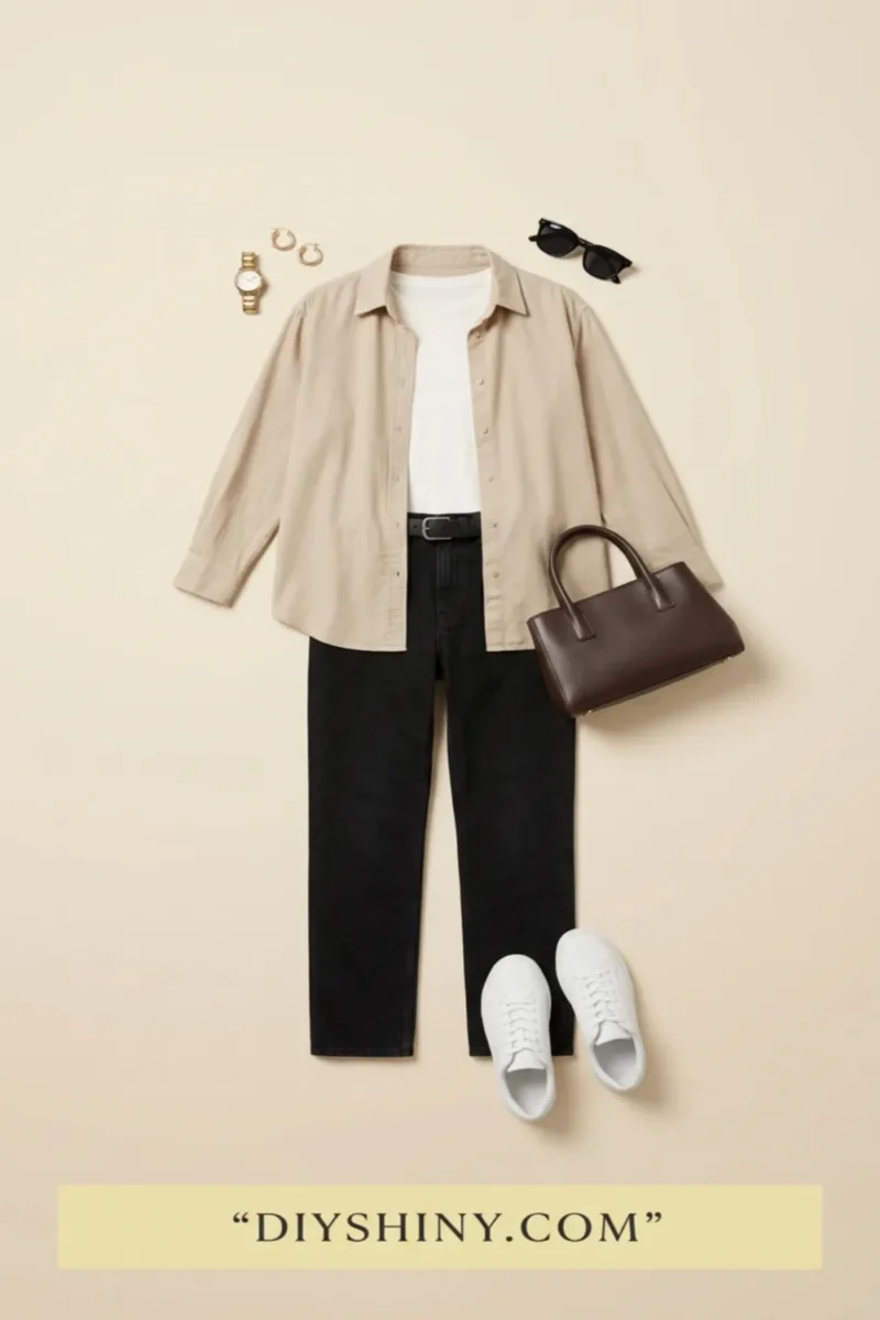 Beige overshirt with white top black jeans dark brown handbag and white sneakers