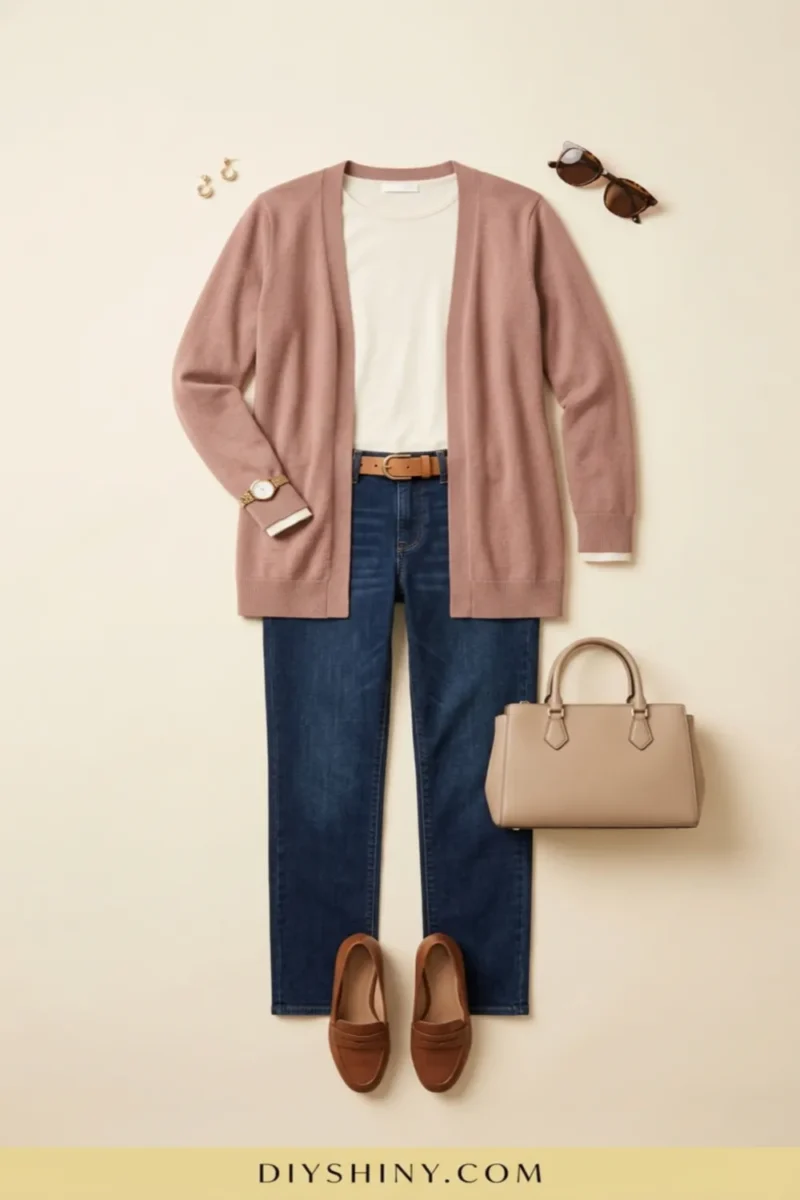 Dusty rose cardigan with white top dark blue jeans tan belt beige handbag and brown loafers