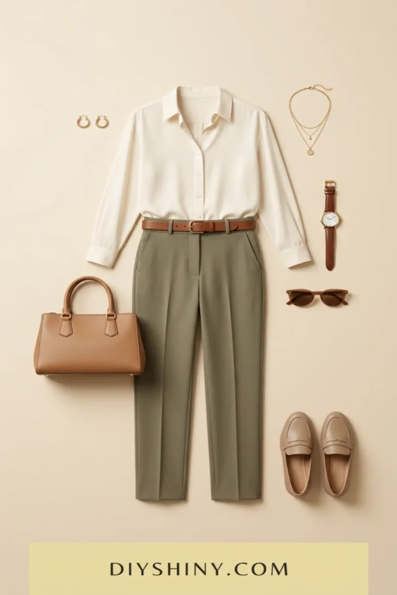 Ivory button-down shirt with olive trousers brown belt tan handbag and beige loafers