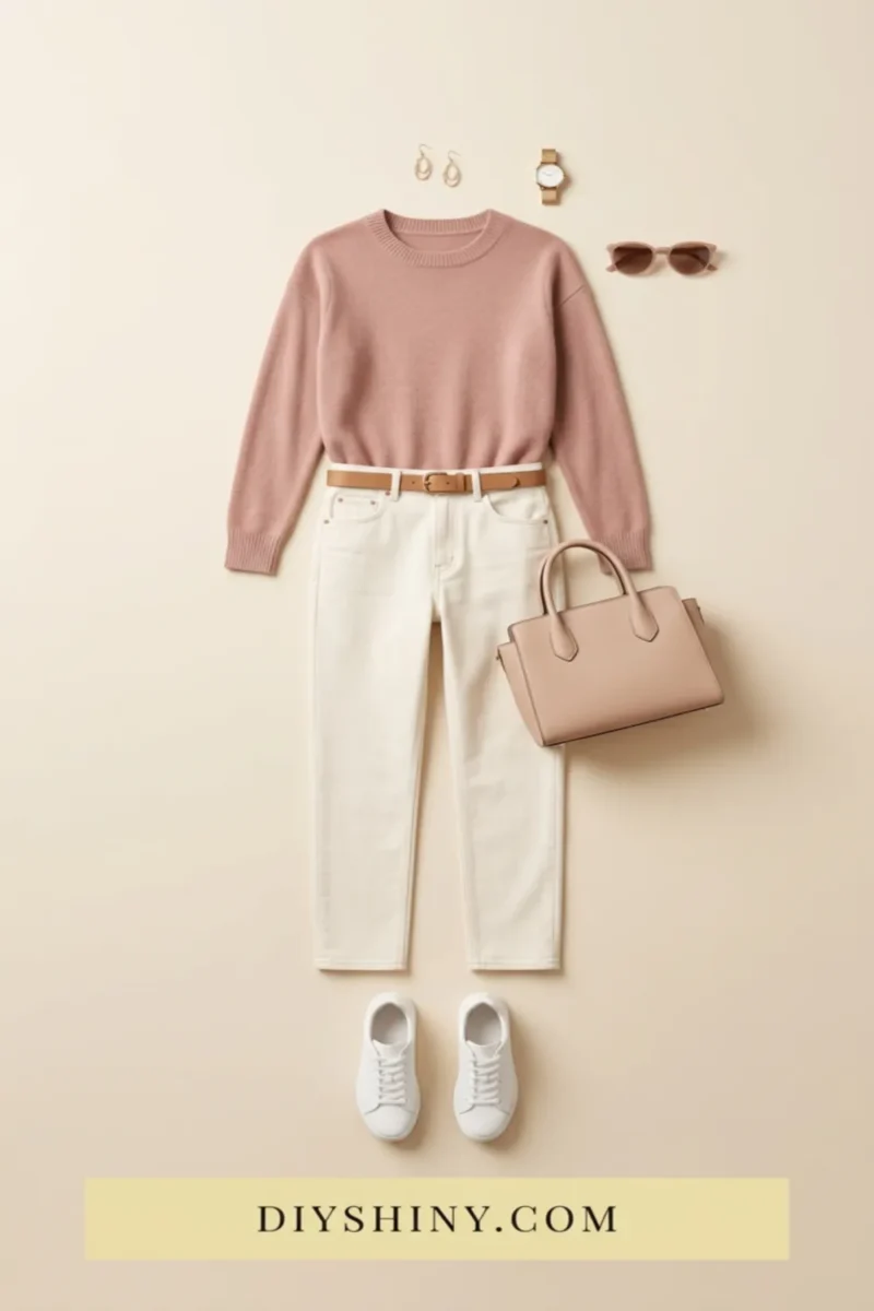 Blush pink sweater with white jeans tan belt beige handbag and white sneakers