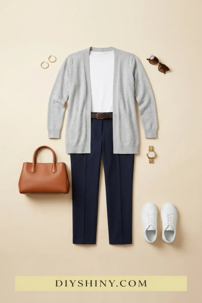 Gray cardigan with white top navy trousers brown belt tan handbag and white sneakers