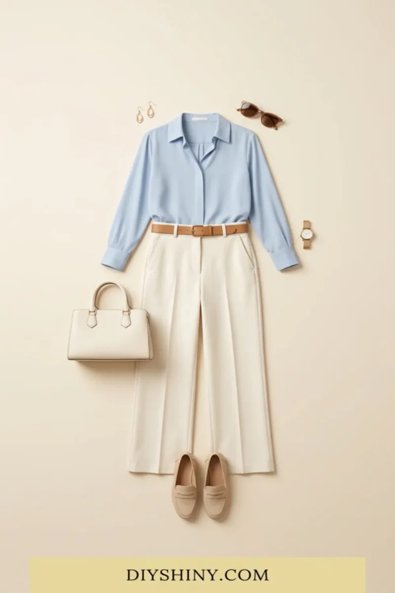 Light blue button-down shirt with cream trousers tan belt cream handbag and beige loafers