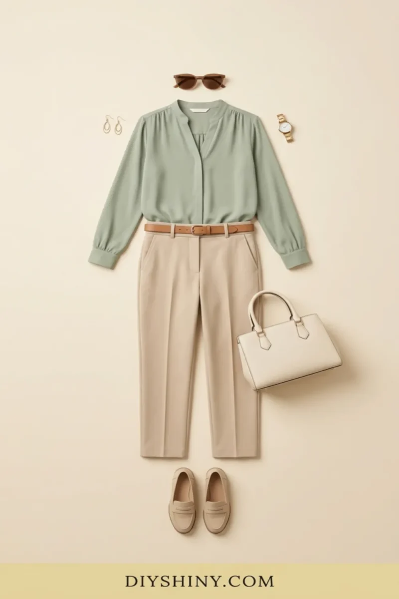 Sage green blouse with beige trousers tan belt cream handbag and beige loafers