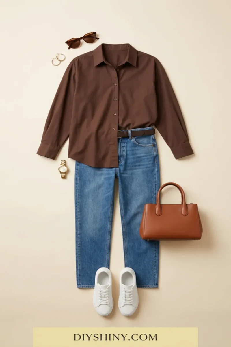 Chocolate brown button-down shirt with blue jeans brown belt leather handbag and white sneakers