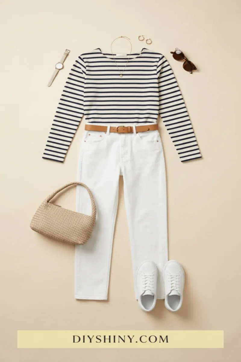 Navy striped long sleeve top with white jeans tan belt woven handbag and white sneakers