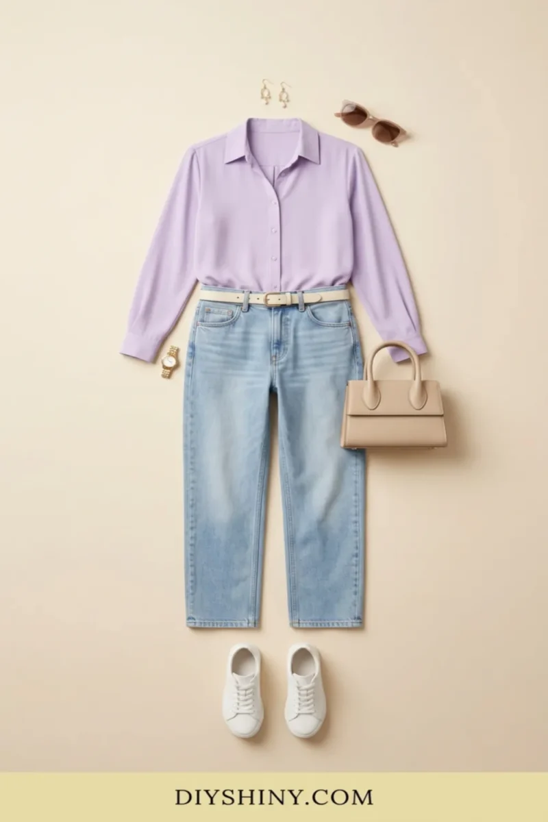 Lavender button-down shirt with light blue jeans cream belt beige handbag and white sneakers