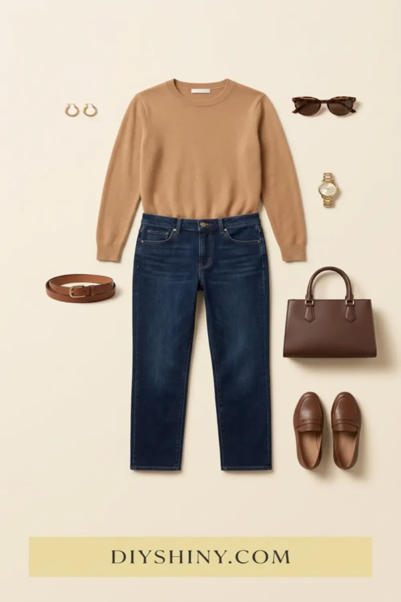 Camel sweater with dark blue jeans brown belt brown handbag and brown loafers