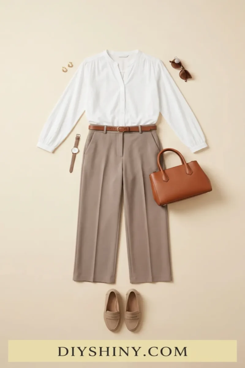White blouse with taupe trousers brown belt cognac handbag and beige loafers