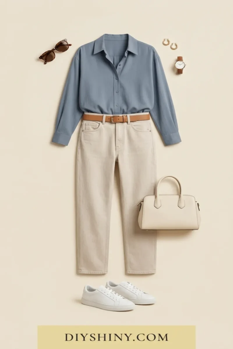 Slate blue button-down shirt with cream jeans tan belt white handbag and white sneakers