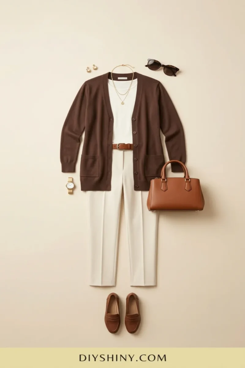 Chocolate brown cardigan with white top white trousers brown belt cognac handbag and loafers
