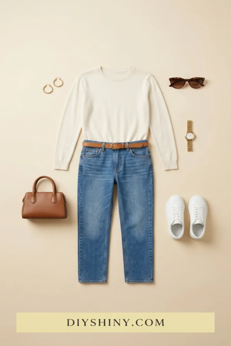White crewneck sweater with blue jeans tan belt brown handbag and white sneakers