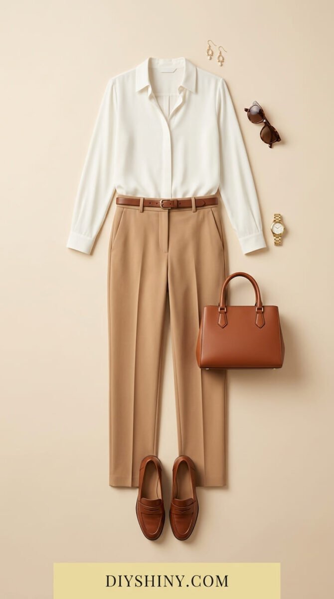 White button-down shirt with beige tailored trousers brown belt brown handbag and brown loafers
