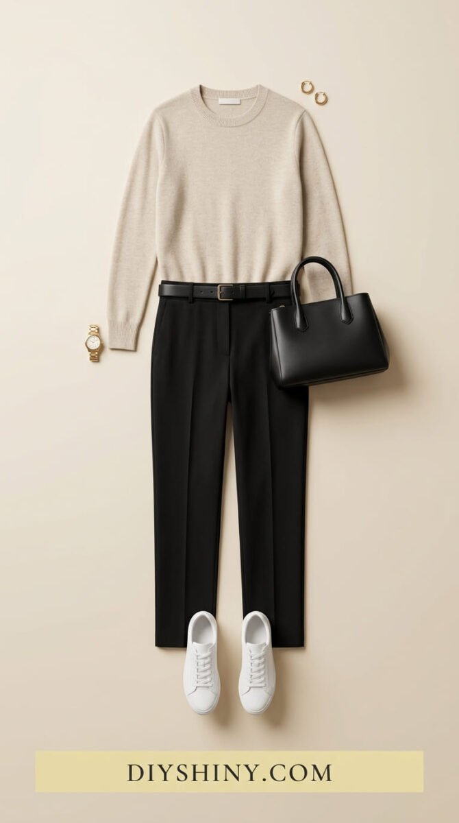Neutral beige sweater with black trousers black belt black handbag and white sneakers