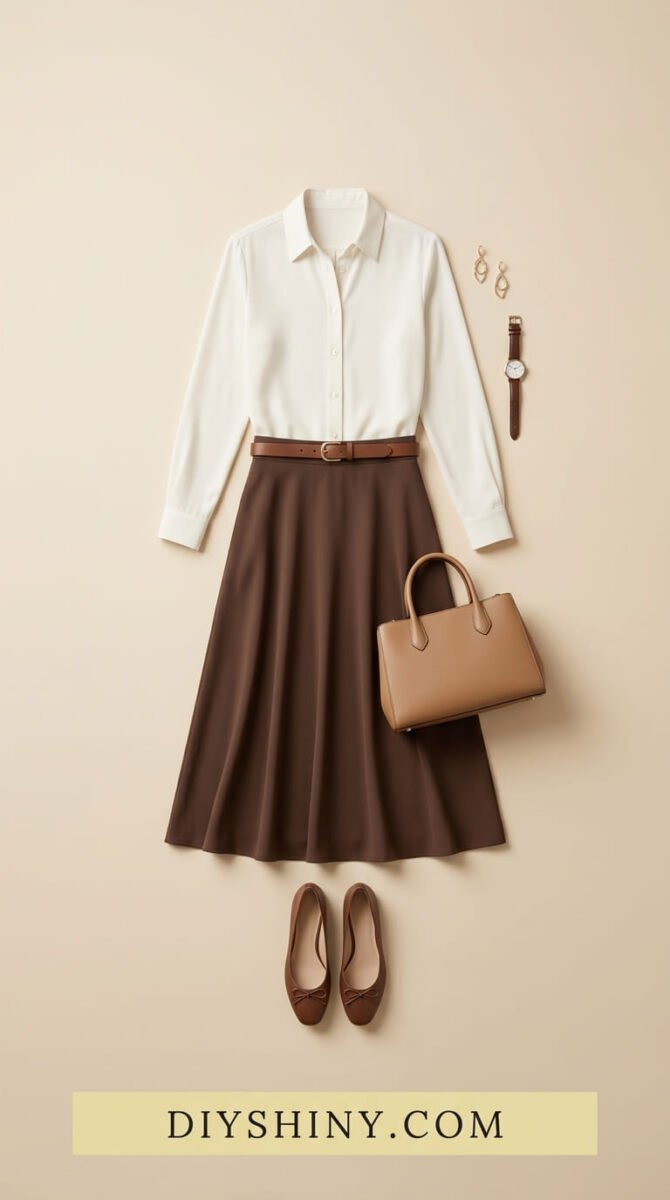 White button-down shirt with brown midi skirt brown belt tan handbag and brown ballet flats