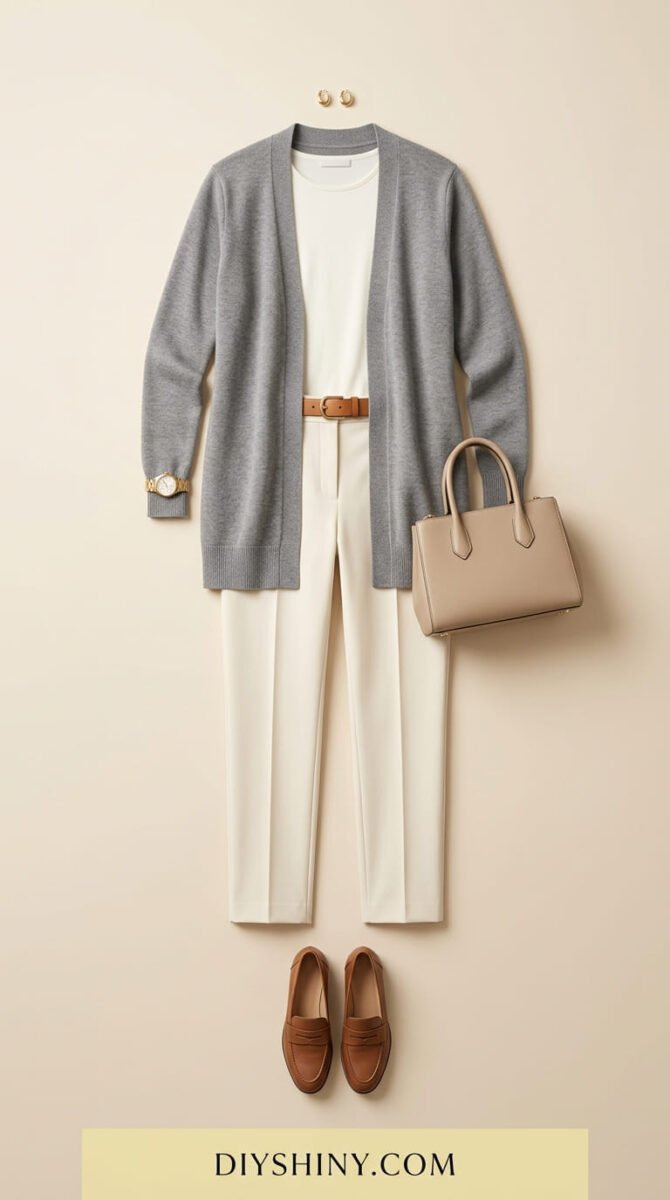 Gray cardigan with white top white trousers tan belt beige handbag and brown loafers