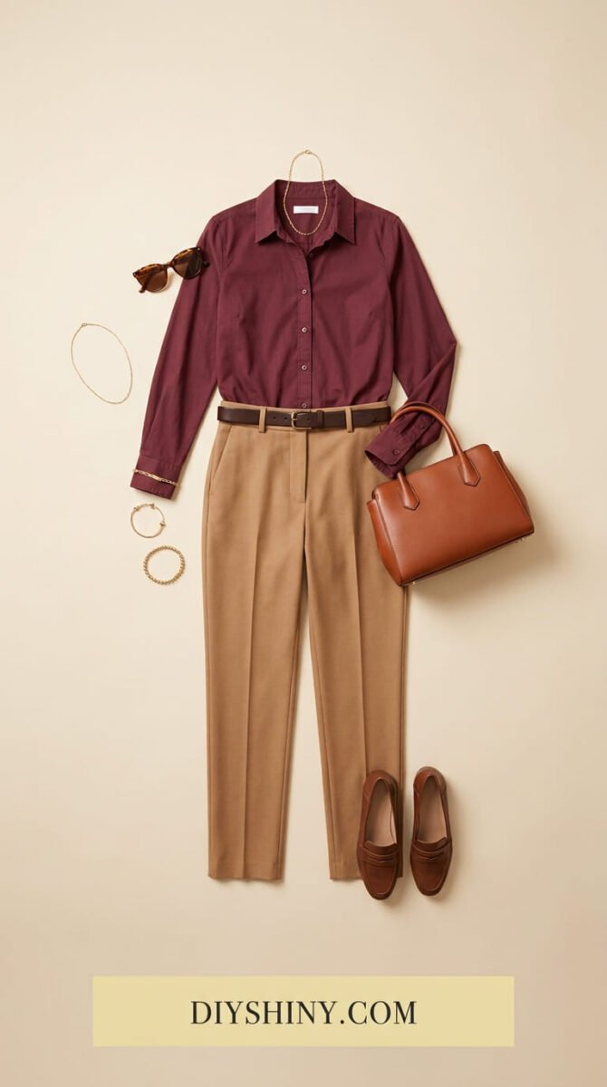 Burgundy button-down shirt with camel trousers brown belt cognac handbag and brown loafers