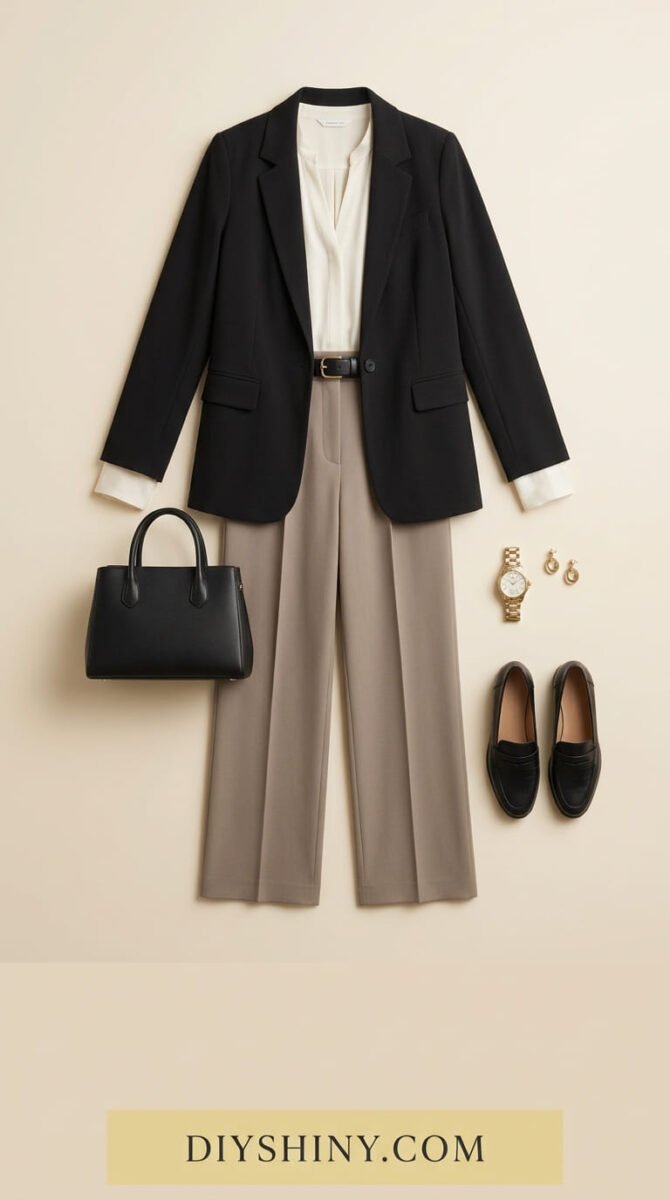Black blazer with ivory blouse taupe trousers black belt black handbag and black loafers