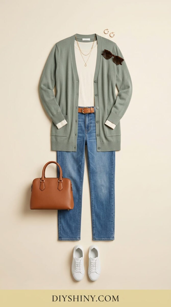 Sage green cardigan with white top blue jeans brown belt cognac handbag and white sneakers