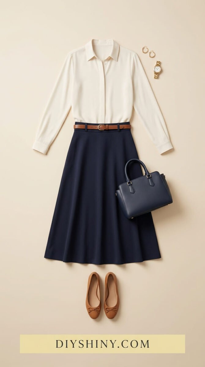 Elegant casual outfit with white button-down shirt navy midi skirt brown belt black handbag and tan ballet flats