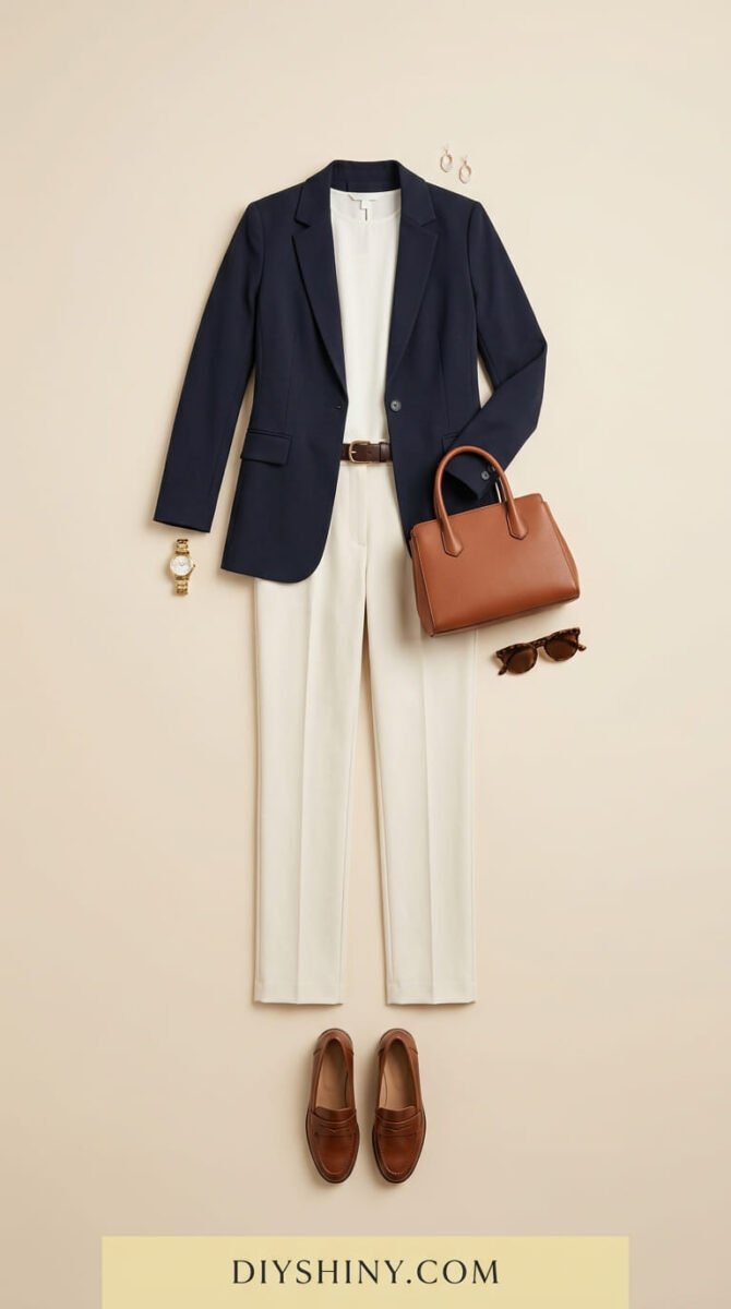 Elegant casual outfit with navy blazer white trousers brown belt cognac handbag and brown loafers