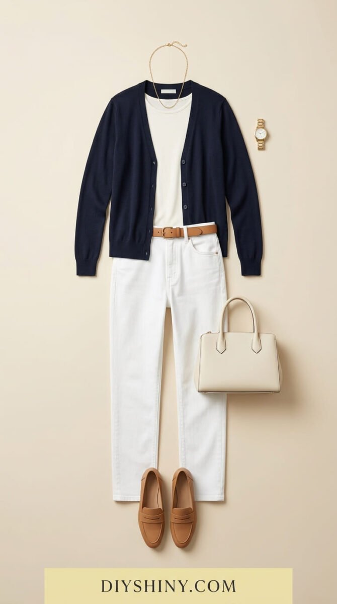 Navy cardigan with white top white jeans brown belt cream handbag and tan loafers