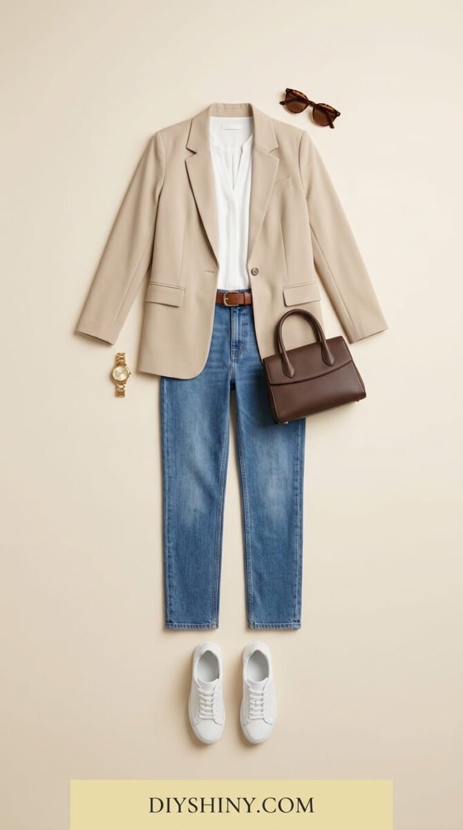 Beige blazer with white blouse blue jeans brown belt dark brown handbag and white sneakers