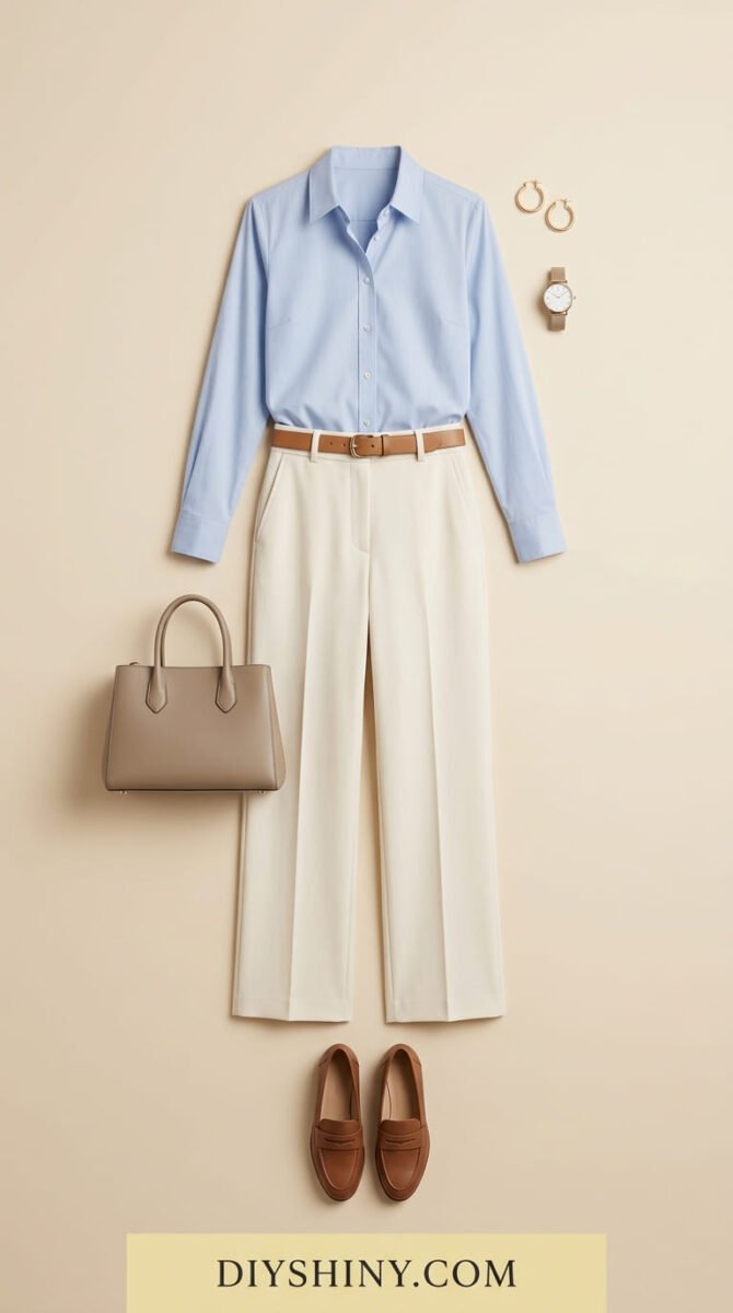 Light blue button-down shirt with cream wide-leg trousers tan belt taupe handbag and brown loafers
