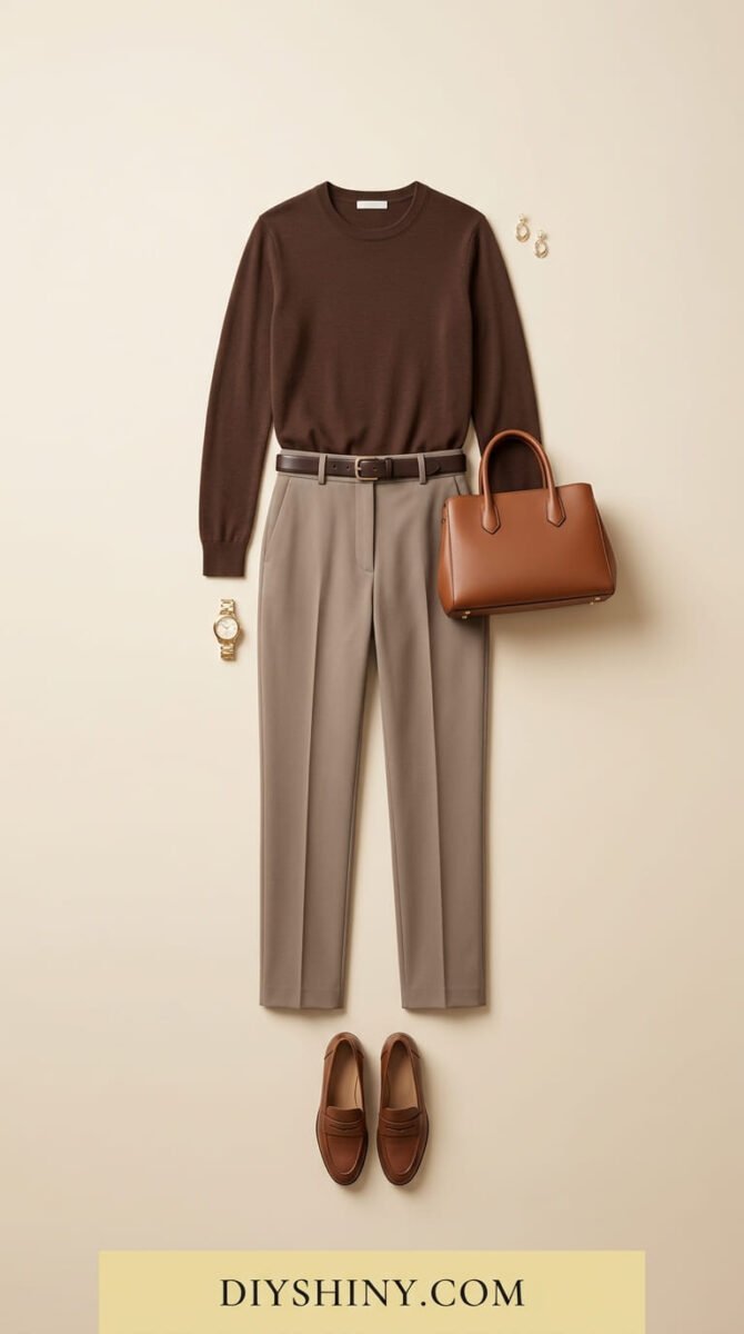 Chocolate brown sweater with taupe trousers brown belt cognac handbag and brown loafers