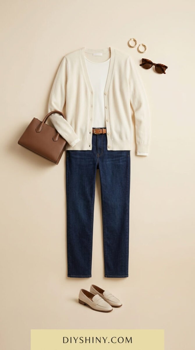 Cream cardigan with white top dark blue jeans brown belt brown handbag and cream loafers