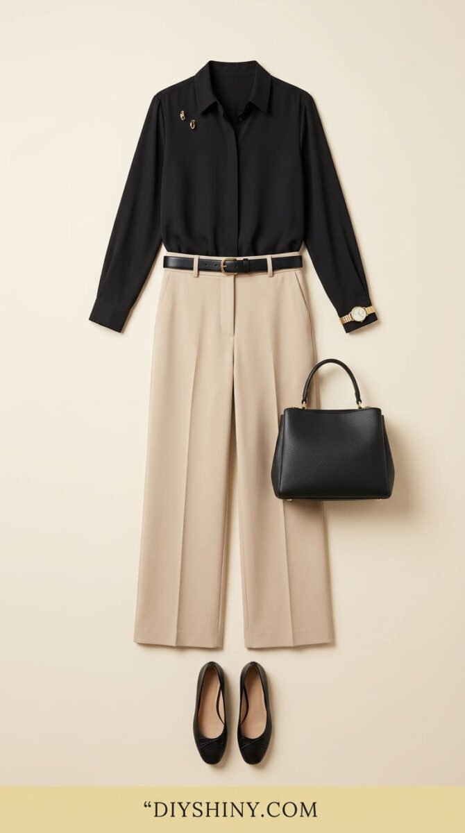 Black button-down shirt with cream trousers black belt black handbag and black ballet flats