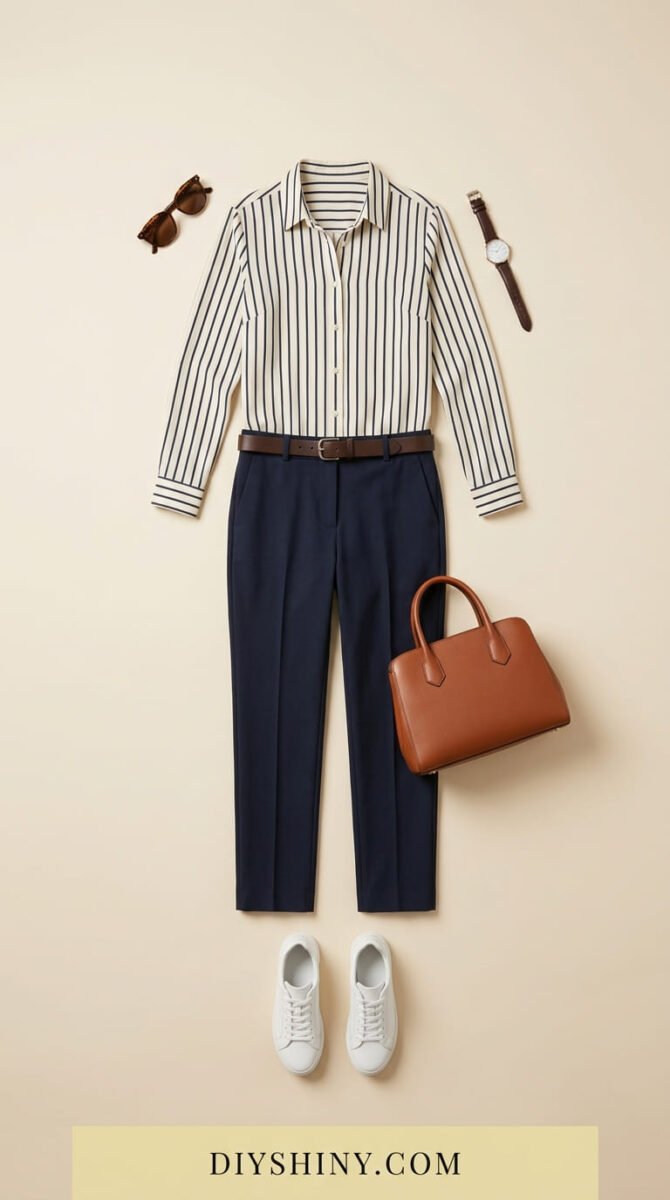White striped button-down shirt with navy trousers brown belt cognac handbag and white sneakers